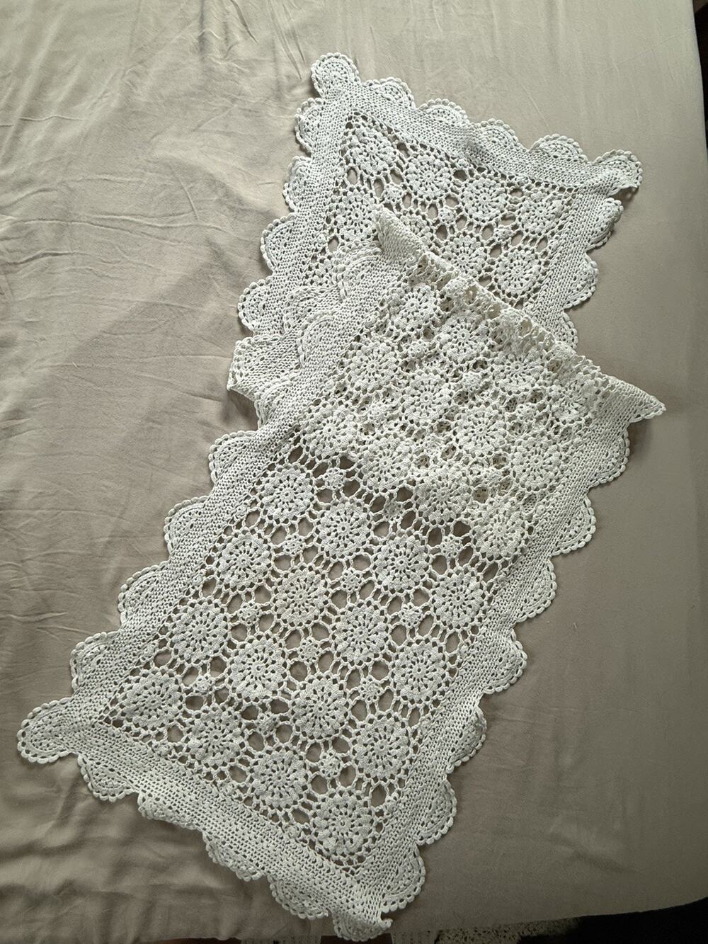 Handmade White Crocheted Lace Table Runner Rectangular Scalloped Floral Vintage